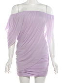 Kliou Ruched Elegant Mesh Dress Woman Summer Trend Slash Neck Backless Irregular Sleeve Skinny Peach Hip Fashion Mini Bodycon