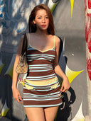 Kliou Striped Patchwork 2 Piece Set Women Summer Trend Low-Neck Camisole+Elastic Waist Mini Skirt Casual Fashion Style Outfits