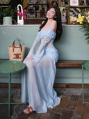 Kliou Ruched Elegant Long Dress Woman Sexy See Through Slash Neck Backless Full Sleeve High Waist Robe Vacation Style Vestidos