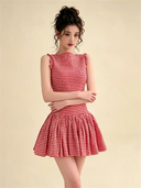 Kliou Plaid Patchwork Mini Dress Woman o-Neck Sleeveless Shape Waist Ruched Hem Sweet Girls Birthday Party Elegant Style Bodycon