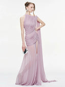 Kliou Mesh Patchwork Long Dress Woman Skew Collar Off Shoulder Tassel Decoration High Splits Hem Ruched Elegant Gown Bodycon