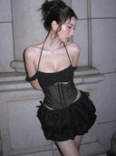 Kliou Sexy Fashion 2 Piece Set Woman Halter Off Shoulder Backless Mesh Patchwork Tops+Purry Hem Mini Skirts Club Party Outfits