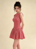 Kliou Plaid Patchwork Mini Dress Woman o-Neck Sleeveless Shape Waist Ruched Hem Sweet Girls Birthday Party Elegant Style Bodycon