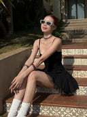 Kliou Ruched Elegant Dress Woman Summer Trend Square Collar Backless Sleeveless Mesh Patchwork Fluffy Basic Solid Mini Bodycon