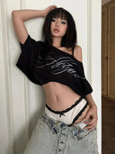 Kliou Casual Fashion T-Shirts Woman Letter Print Skew Collar Short Sleeve Navel Exposed Daily High Street Style Classic Tees