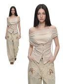 Women's Shirts and Blouses Y2k Aesthetic Streetwear Vintage Korean 2000s Elegant Short Sleeve Slash Neck Shirt Clothes