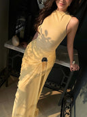 Kliou Metal Trim Long Dress Woman o-Neck Sleeveless Shape Waist Skinny Stretch Summer Vacation Elegant Style Classic Vestidos