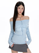 Women's  Blue Slash Neck T-shirt Harajuku Korean Y2k Tee Top 2000s Clothes Aesthetic Fashion Long Sleeve Vintage T-shirts