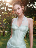 Kliou Ruffles Edge Design Tank Tops Woman Mesh Patchwork Halter Low-Neck Backless Shape Waist Summer Vacation Elegant Style Vest