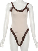 Kliou Lace Patchwork 2 Piece Set Woman Low-Neck Backless Sleeveless Bodysuits+Ribbon Mini Shorts Street Sexy Fashion Outfits
