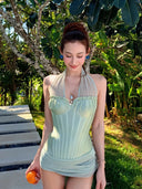 Kliou Ruffles Edge Design Tank Tops Woman Mesh Patchwork Halter Low-Neck Backless Shape Waist Summer Vacation Elegant Style Vest